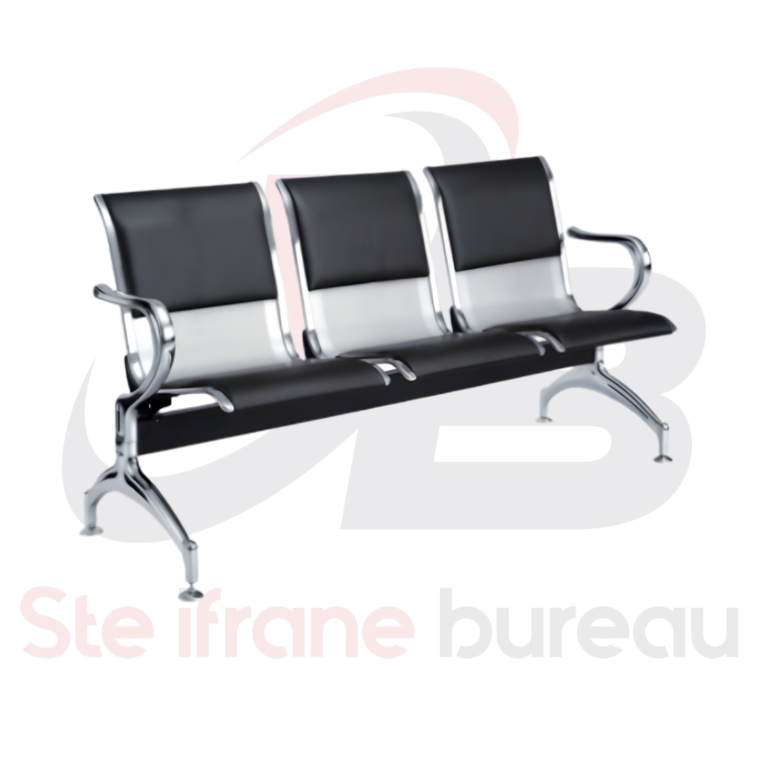 Banc d’accueil 3 places métal & cuir noir