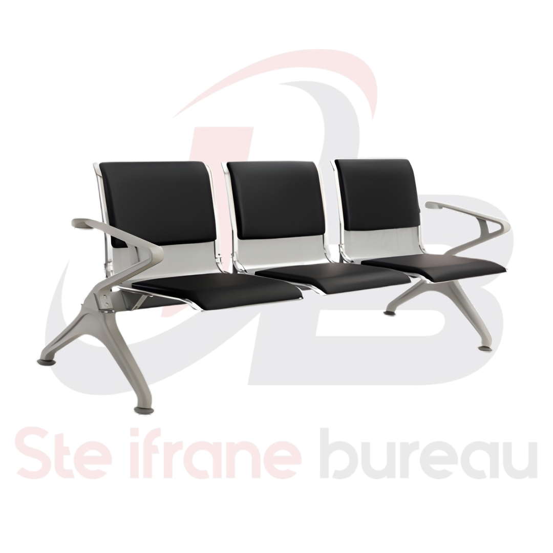 Banc d’accueil 3 places aluminium & cuir noir