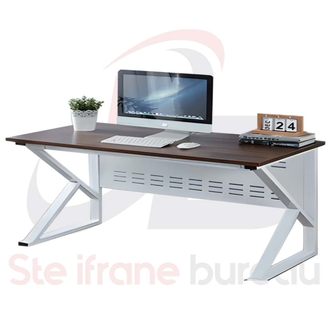 Bureau Simple – Structure Métallique Blanche & Plateau Bois Foncé