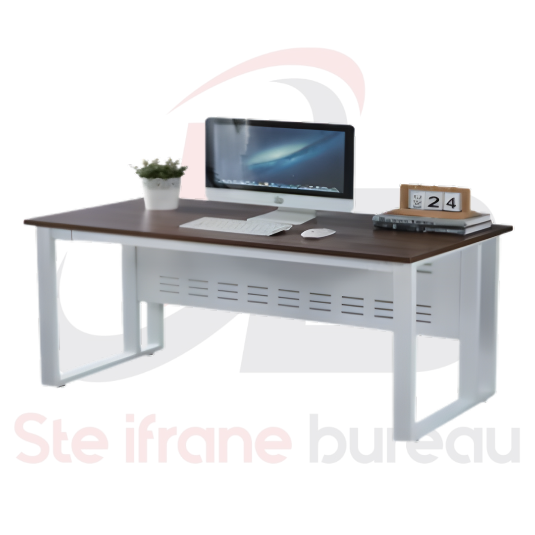 Bureau Simple pour Open Space – Plateau Bois Foncé & Structure Métallique Blanche