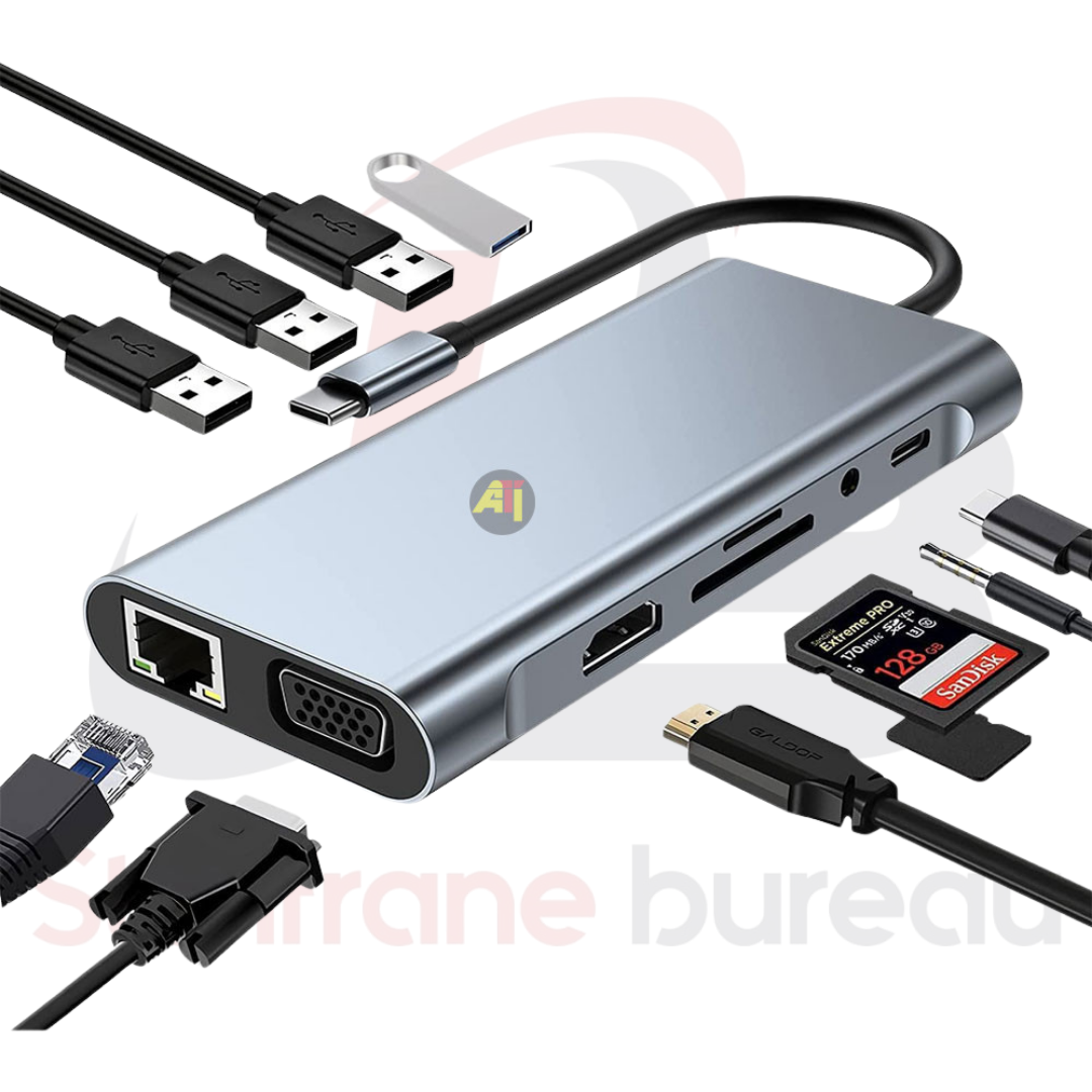 Station USB-C 11-en-1 MONDO Jaune & Noir | HDMI 4K, RJ45, USB 3.0, SD/TF & PD