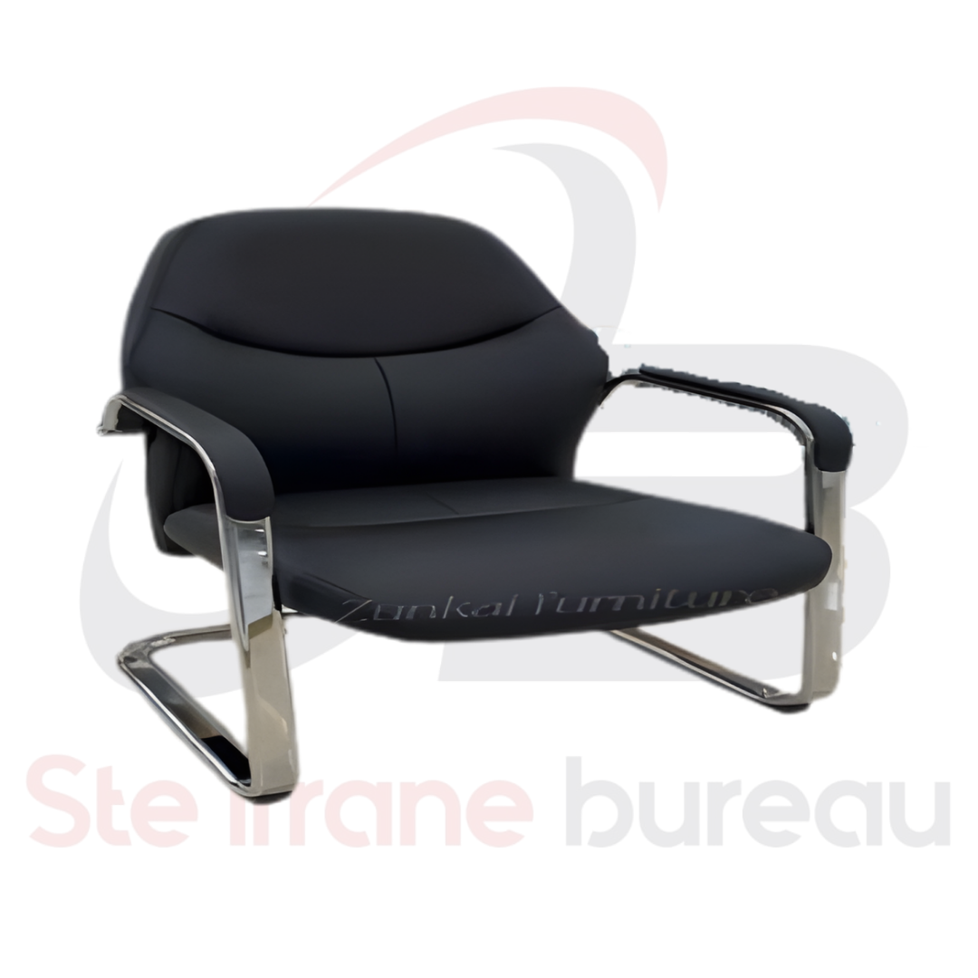 Fauteuil visiteur cuir noir & piètement luge chromé