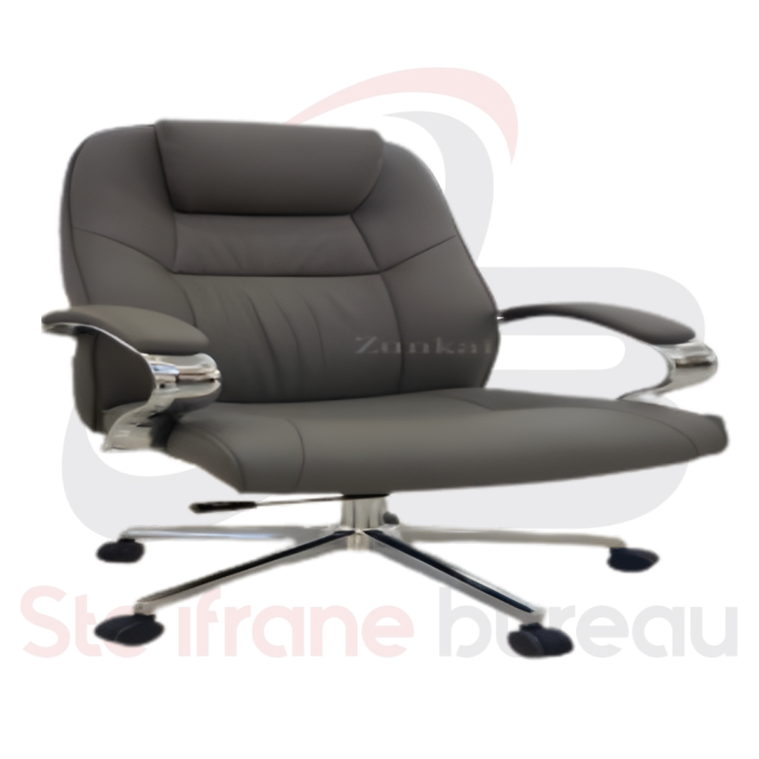 Fauteuil direction cuir gris & base chromée