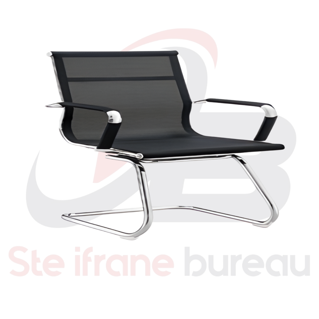 Fauteuil visiteur maille noire & piètement luge chromé