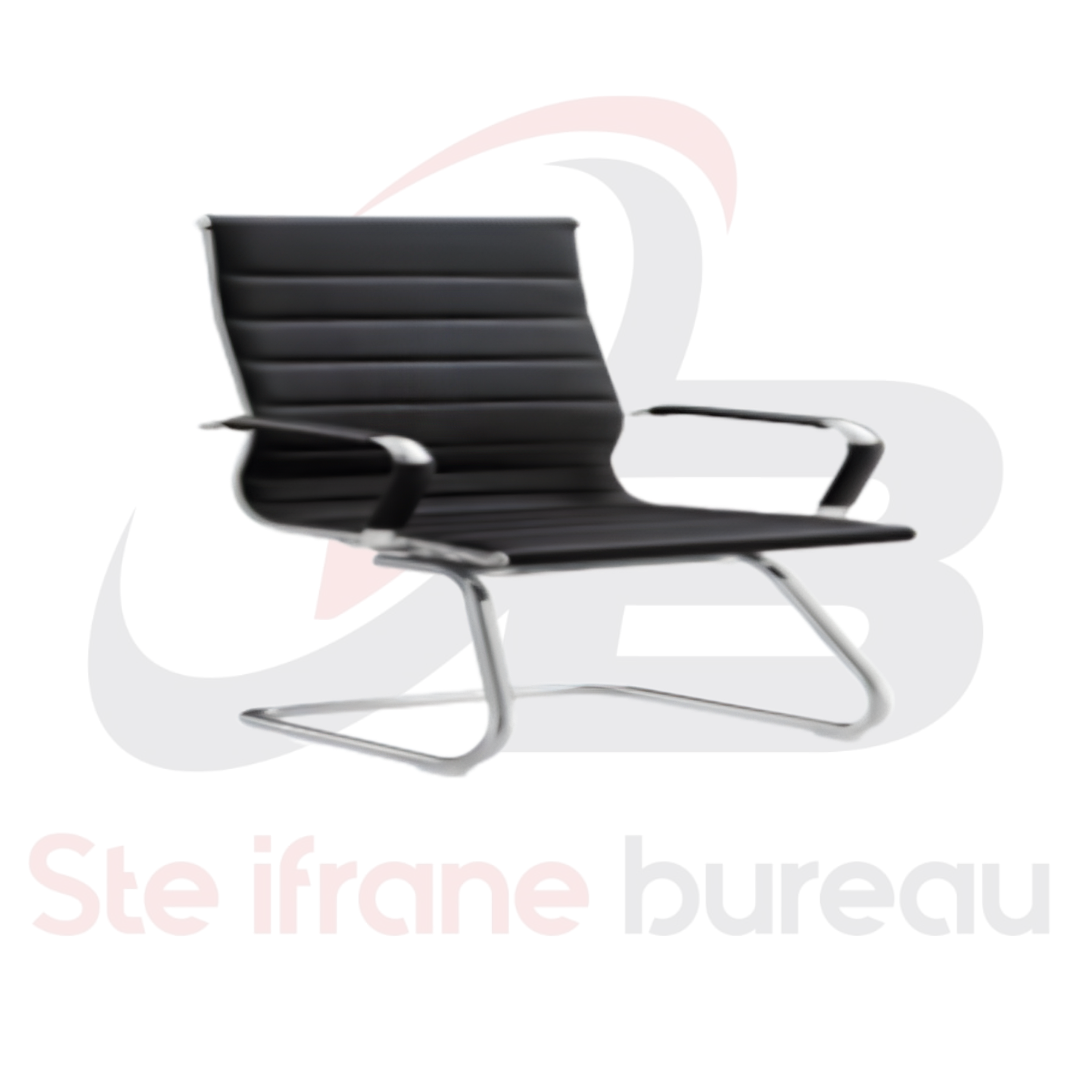 Fauteuil visiteur cuir noir & piètement luge chromé