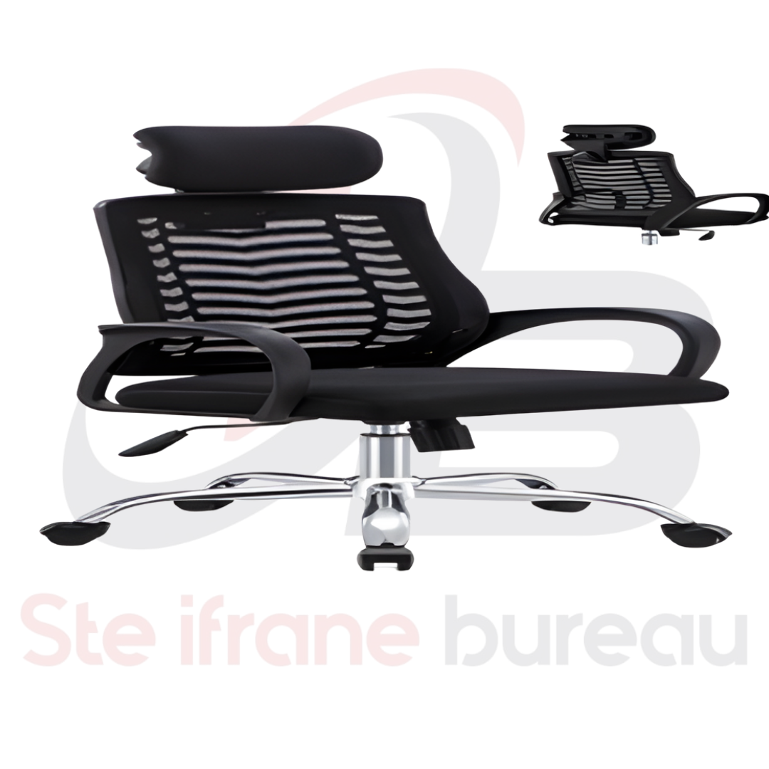 Fauteuil direction maille noire & base chromée